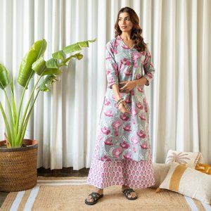 Grey and Fuchsia Floral Tunic Set (Set of Two)